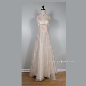 Vintage Zum Prom Dress Maxi Gown 8 Cream Gold Regency Empire Princess Bride 90s